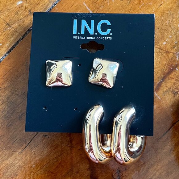 Macy's Shelf Pull INC Brand Puffy Goldtone Set of Two Pierced Earrings NEW - Picture 2 of 3